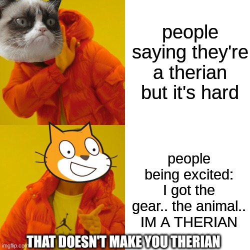 ITS SO TRUE | people saying they're a therian but it's hard; people being excited: I got the gear.. the animal.. IM A THERIAN; THAT DOESN'T MAKE YOU THERIAN | image tagged in memes,drake hotline bling | made w/ Imgflip meme maker