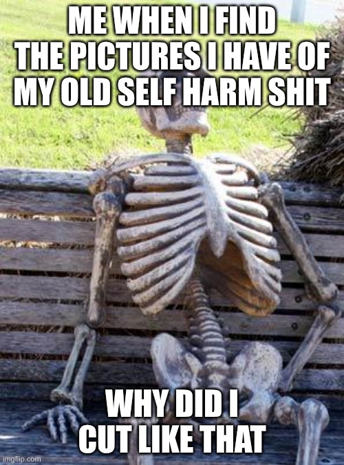 Waiting Skeleton | ME WHEN I FIND THE PICTURES I HAVE OF MY OLD SELF HARM SHIT; WHY DID I CUT LIKE THAT | image tagged in memes,waiting skeleton | made w/ Imgflip meme maker