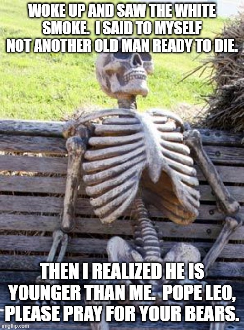 New Pope | WOKE UP AND SAW THE WHITE SMOKE.  I SAID TO MYSELF NOT ANOTHER OLD MAN READY TO DIE. THEN I REALIZED HE IS YOUNGER THAN ME.  POPE LEO, PLEASE PRAY FOR YOUR BEARS. | image tagged in memes,waiting skeleton | made w/ Imgflip meme maker