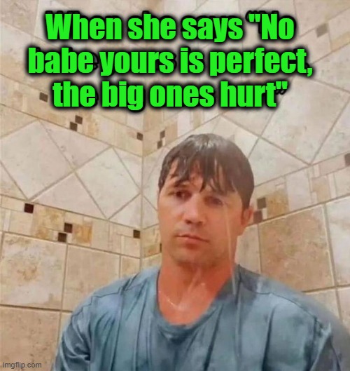 When she says "No
babe yours is perfect,
the big ones hurt" | image tagged in truth hurts | made w/ Imgflip meme maker