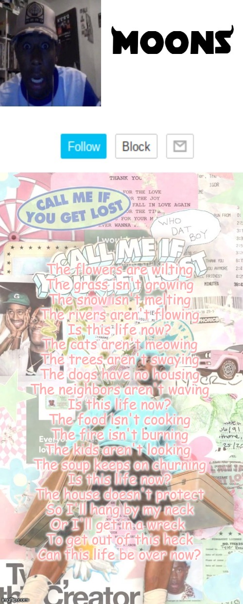 Moons. Tyler temp ( thanks yachi ) | The flowers are wilting
The grass isn't growing
The snow isn't melting
The rivers aren't flowing
Is this life now?

The cats aren't meowing
The trees aren't swaying
The dogs have no housing
The neighbors aren't waving
Is this life now?

The food isn't cooking
The fire isn't burning
The kids aren't looking 
The soup keeps on churning
Is this life now?

The house doesn't protect
So I'll hang by my neck
Or I'll get in a wreck 
To get out of this heck
Can this life be over now? | image tagged in moons tyler temp thanks yachi | made w/ Imgflip meme maker