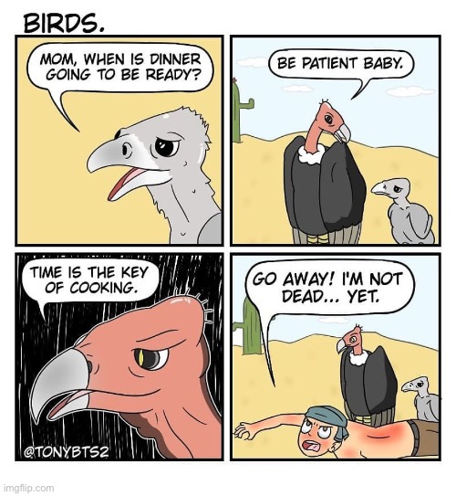 image tagged in comics,vultures,hungry,waiting,not dead yet | made w/ Imgflip meme maker