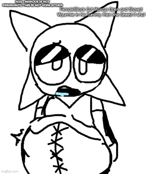 Marcus and Wyurmie (2/2) | Note : MARCUS IS NOT PREGNANT!!, THIS IS NOT VORE EITHER; Female!Black Cut Marcus Open and Shoved Wyurmie in his Tummy, then she Sewed it shut | image tagged in marcus,wyurmie,mroona,wyurm,big belly,not mpreg | made w/ Imgflip meme maker