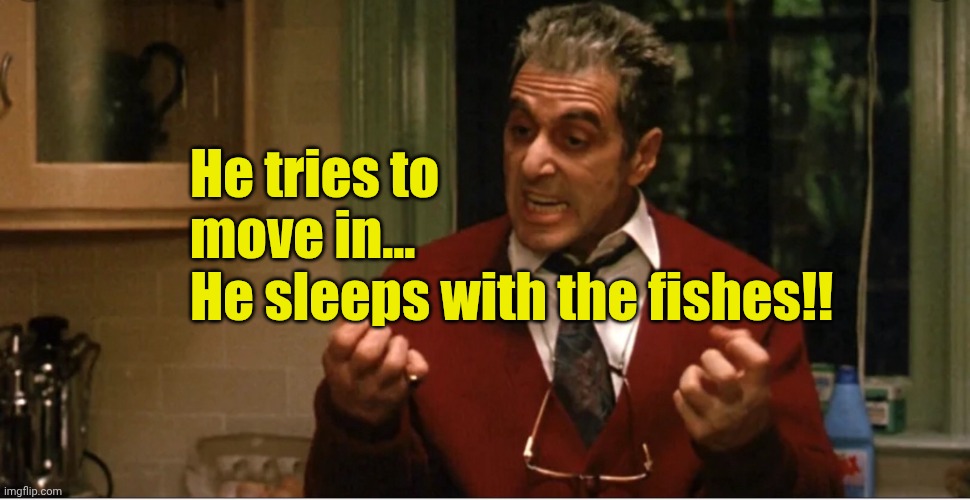 I Thought I Out | He tries to
move in... 
He sleeps with the fishes!! | image tagged in i thought i out | made w/ Imgflip meme maker