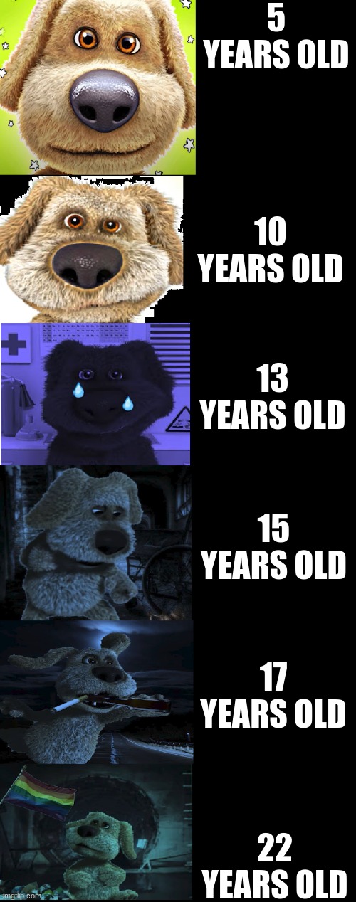 the pain of growing up | 5 YEARS OLD; 10 YEARS OLD; 13 YEARS OLD; 15 YEARS OLD; 17 YEARS OLD; 22 YEARS OLD | image tagged in ben becoming sad,memes,funny,im ok | made w/ Imgflip meme maker