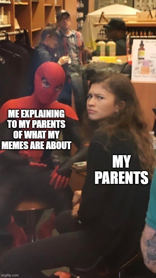 they don't think they're funny | ME EXPLAINING TO MY PARENTS OF WHAT MY MEMES ARE ABOUT; MY PARENTS | image tagged in spider man and mj | made w/ Imgflip meme maker