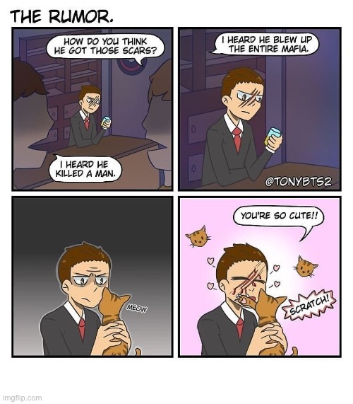 image tagged in comics,scars,rumors,cat scratches | made w/ Imgflip meme maker