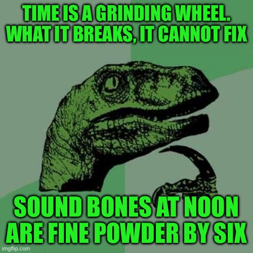Philosoraptor | TIME IS A GRINDING WHEEL. WHAT IT BREAKS, IT CANNOT FIX; SOUND BONES AT NOON ARE FINE POWDER BY SIX | image tagged in memes,philosoraptor | made w/ Imgflip meme maker
