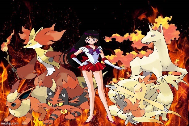 Sailor Mars and her team of Pokemon | image tagged in sailor moon,pokemon,fire,team | made w/ Imgflip meme maker