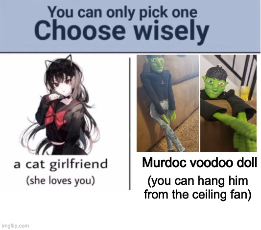 Choose wisely | Murdoc voodoo doll; (you can hang him from the ceiling fan) | image tagged in choose wisely | made w/ Imgflip meme maker