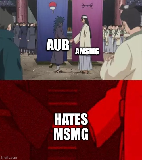 Agreements Les go | AMSMG; AUB; HATES MSMG | image tagged in naruto handshake meme template | made w/ Imgflip meme maker