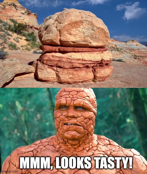 Hamburger Rock | MMM, LOOKS TASTY! | image tagged in rock,hamburger,the thing,fantastic four,yum | made w/ Imgflip meme maker