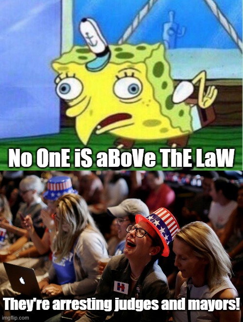 They kept telling us "No one is above the law." I guess they only meant that for Donald Trump? | No OnE iS aBoVe ThE LaW; They're arresting judges and mayors! | image tagged in memes,mocking spongebob,crying democrats,maga | made w/ Imgflip meme maker
