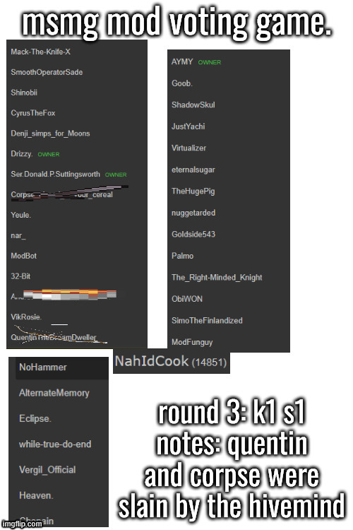 round 3: k1 s1
notes: quentin and corpse were slain by the hivemind | made w/ Imgflip meme maker