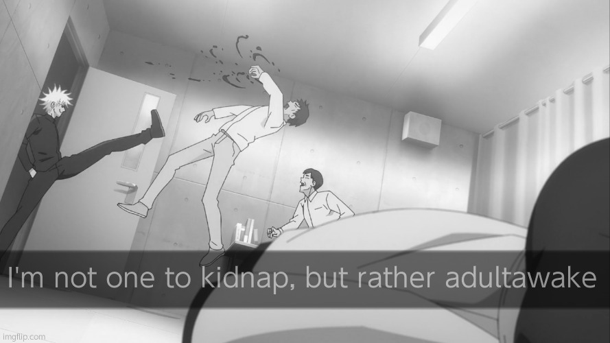 Real. | I'm not one to kidnap, but rather adultawake | image tagged in gojo satoru kicks guy in the face | made w/ Imgflip meme maker