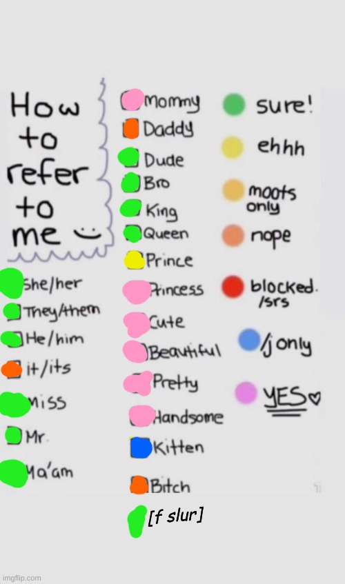 How To Refer To Me :) | [f slur] | image tagged in how to refer to me | made w/ Imgflip meme maker
