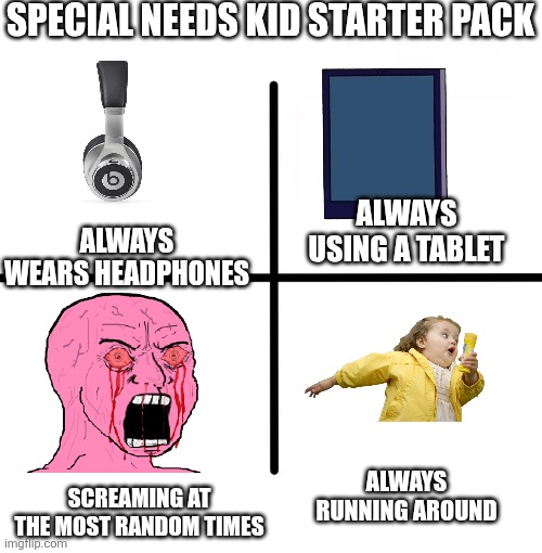 Special needs kid starter pack | SPECIAL NEEDS KID STARTER PACK; ALWAYS WEARS HEADPHONES; ALWAYS USING A TABLET; ALWAYS RUNNING AROUND; SCREAMING AT THE MOST RANDOM TIMES | image tagged in memes,blank starter pack | made w/ Imgflip meme maker