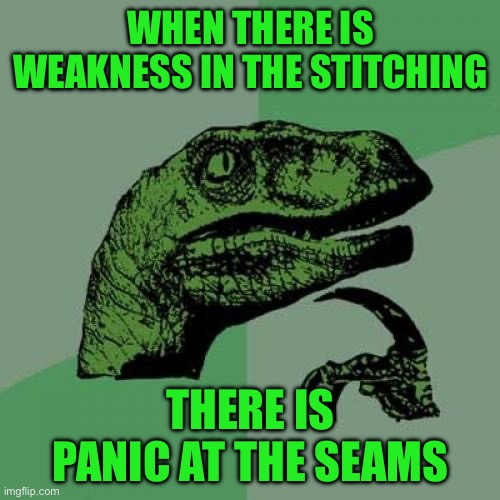 Philosoraptor Meme | WHEN THERE IS WEAKNESS IN THE STITCHING; THERE IS PANIC AT THE SEAMS | image tagged in memes,philosoraptor | made w/ Imgflip meme maker