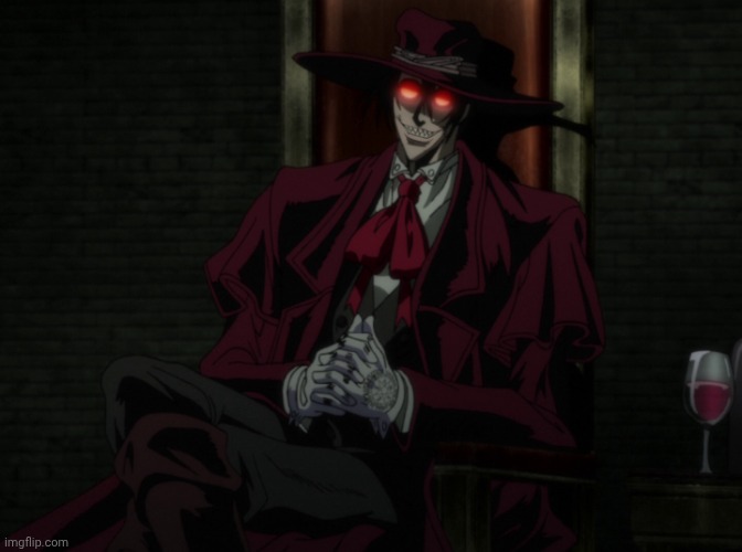 Alucard sitting and smiling | image tagged in alucard sitting and smiling | made w/ Imgflip meme maker