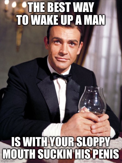 James Bond | THE BEST WAY TO WAKE UP A MAN IS WITH YOUR SLOPPY MOUTH SUCKING HIS PENIS | image tagged in james bond | made w/ Imgflip meme maker