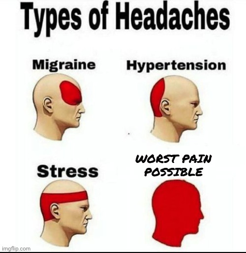 Makes sense. | WORST PAIN
POSSIBLE | image tagged in types of headaches meme | made w/ Imgflip meme maker