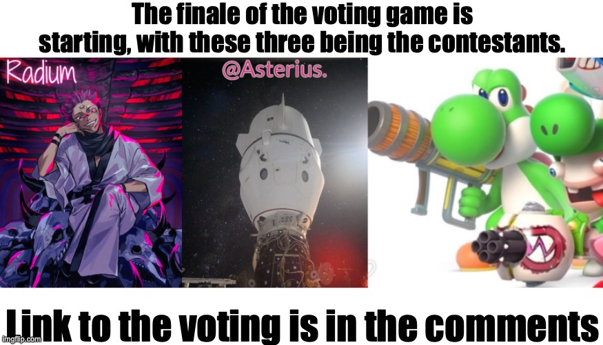Or in the title: https://strawpoll.com/YVyPvR5YogN | The finale of the voting game is starting, with these three being the contestants. Link to the voting is in the comments | image tagged in voting game s8 | made w/ Imgflip meme maker