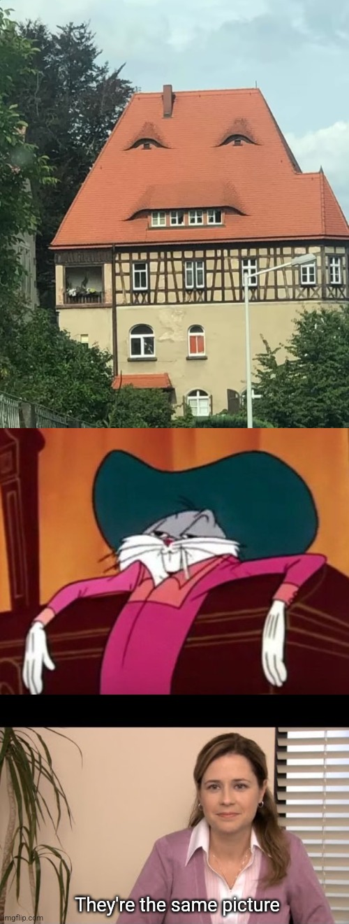 Bugs Bungalow | They're the same picture | image tagged in they're the same picture,bugs bunny,house,face | made w/ Imgflip meme maker