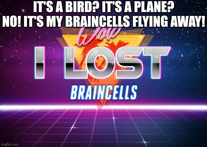 Braincells be like: | IT'S A BIRD? IT'S A PLANE? NO! IT'S MY BRAINCELLS FLYING AWAY! | image tagged in i lost braincells | made w/ Imgflip meme maker