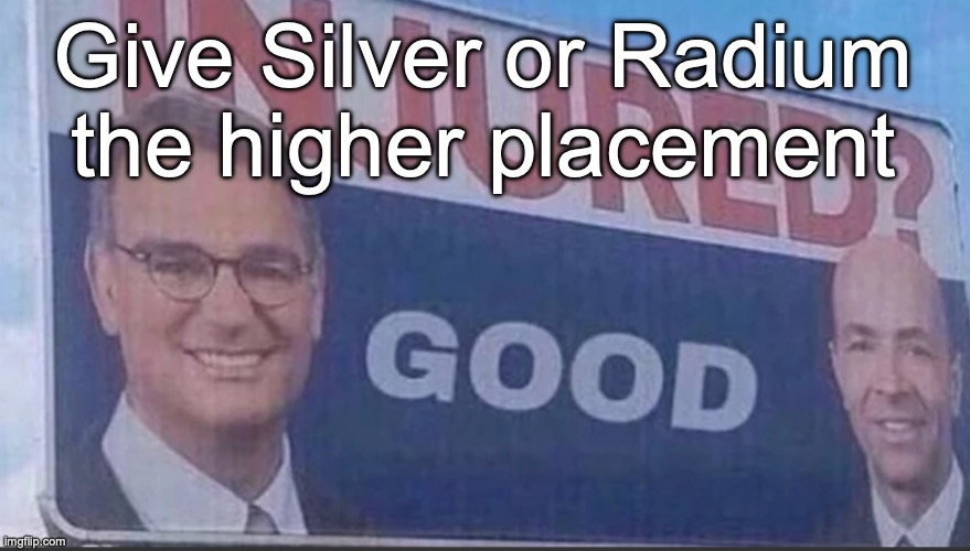 Injured Good announcement | Give Silver or Radium the higher placement | image tagged in injured good announcement,voting game s8 | made w/ Imgflip meme maker