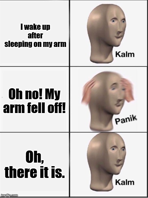 Another day with two arms | I wake up after sleeping on my arm; Oh no! My arm fell off! Oh, there it is. | image tagged in reverse kalm panik,memes,funny,relatable | made w/ Imgflip meme maker