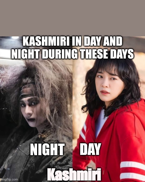 Night and day | KASHMIRI IN DAY AND NIGHT DURING THESE DAYS; DAY; Kashmiri; NIGHT | image tagged in night and day | made w/ Imgflip meme maker