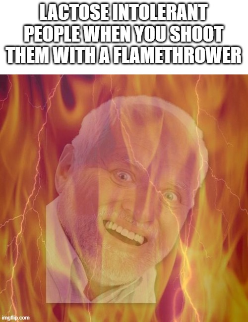 RIP | LACTOSE INTOLERANT PEOPLE WHEN YOU SHOOT THEM WITH A FLAMETHROWER | image tagged in hide the pain harold on fire,memes,unfunny,lactose intolerant | made w/ Imgflip meme maker