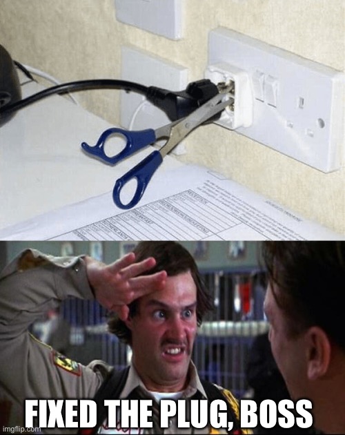 Fixed the plug | FIXED THE PLUG, BOSS | image tagged in doofy salute,there i fixed it,why do i fix everything i touch | made w/ Imgflip meme maker