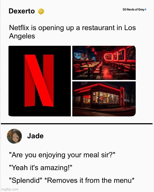 Netflix be like | image tagged in netflix,restaurant | made w/ Imgflip meme maker