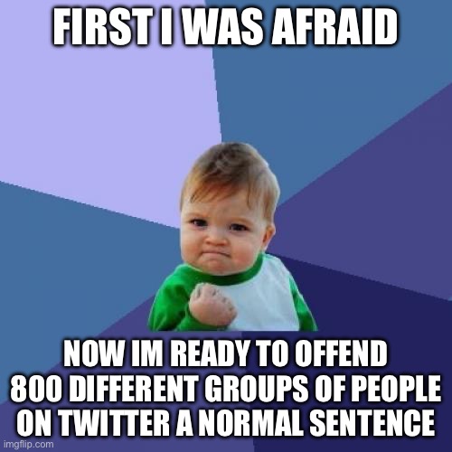 Success Kid | FIRST I WAS AFRAID; NOW IM READY TO OFFEND 800 DIFFERENT GROUPS OF PEOPLE ON TWITTER A NORMAL SENTENCE | image tagged in memes,success kid | made w/ Imgflip meme maker