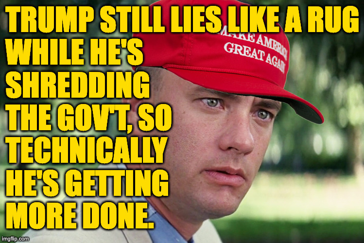 A model of deficiencies. | TRUMP STILL LIES LIKE A RUG; WHILE HE'S
SHREDDING
THE GOV'T, SO 
TECHNICALLY
HE'S GETTING
MORE DONE. | image tagged in memes,and just like that,trump | made w/ Imgflip meme maker