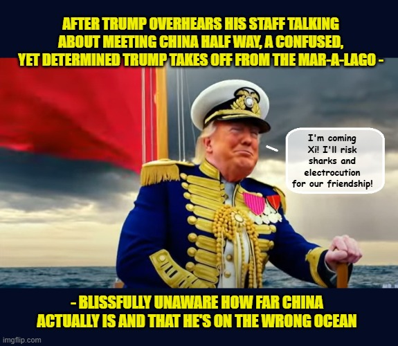 When you are desperately lonely and you've ingested too much Adderall... | AFTER TRUMP OVERHEARS HIS STAFF TALKING ABOUT MEETING CHINA HALF WAY, A CONFUSED, YET DETERMINED TRUMP TAKES OFF FROM THE MAR-A-LAGO -; I'm coming Xi! I'll risk sharks and electrocution for our friendship! - BLISSFULLY UNAWARE HOW FAR CHINA ACTUALLY IS AND THAT HE'S ON THE WRONG OCEAN | image tagged in impeach trump,donald trump memes,government corruption,trump is a moron | made w/ Imgflip meme maker