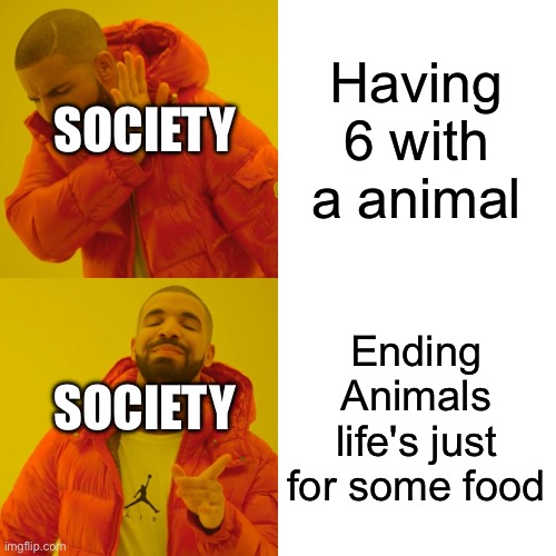 How is having 6 with a Animal is Bad But Killing them just for food is not | Having 6 with a animal; SOCIETY; Ending Animals life's just for some food; SOCIETY | image tagged in memes,drake hotline bling,funny,animal,food,truth | made w/ Imgflip meme maker