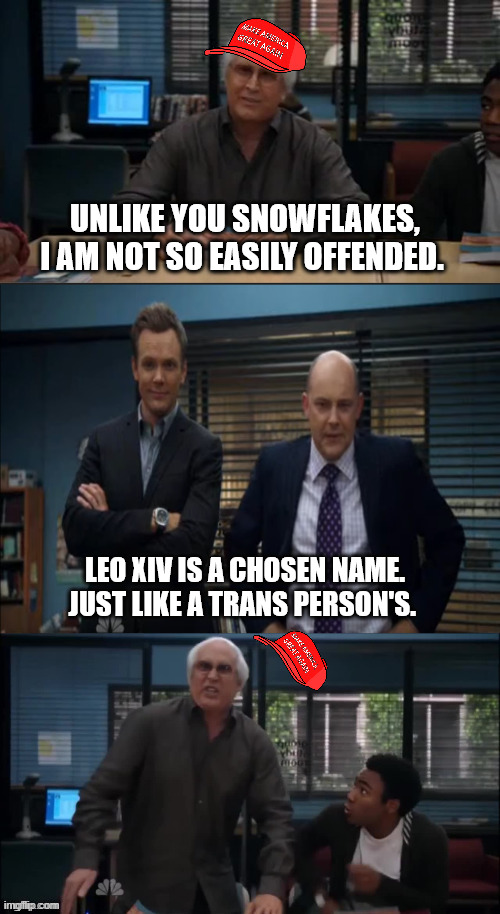 MAGA Snowflake | UNLIKE YOU SNOWFLAKES, I AM NOT SO EASILY OFFENDED. LEO XIV IS A CHOSEN NAME. JUST LIKE A TRANS PERSON'S. | image tagged in maga snowflake | made w/ Imgflip meme maker