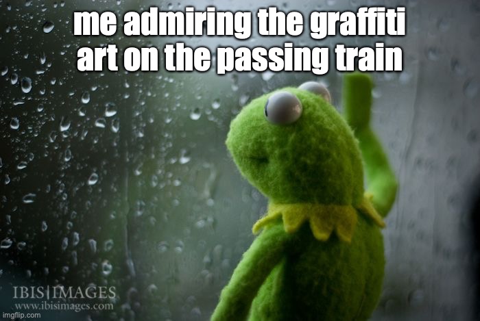 kermit window | me admiring the graffiti art on the passing train | image tagged in kermit window | made w/ Imgflip meme maker
