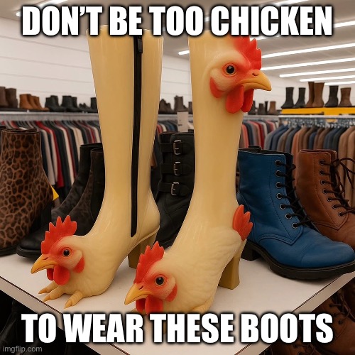 Chicken boots | DON’T BE TOO CHICKEN; TO WEAR THESE BOOTS | image tagged in boots,chicken | made w/ Imgflip meme maker