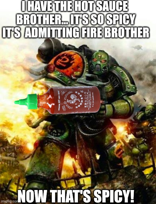 Salamander 40k Flamer | I HAVE THE HOT SAUCE  BROTHER... IT'S SO SPICY IT'S  ADMITTING FIRE BROTHER NOW THAT'S SPICY! | image tagged in salamander 40k flamer | made w/ Imgflip meme maker