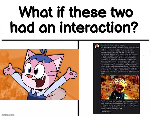 What if these two had an interaction? | image tagged in what if these two had an interaction | made w/ Imgflip meme maker