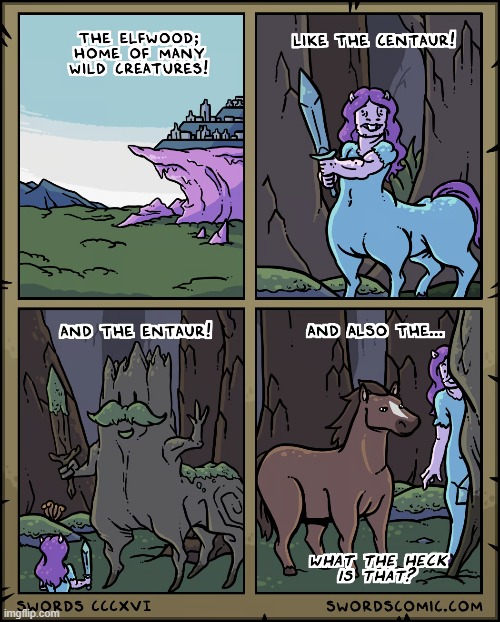 This comic had a title text that said "Oh, of course, it's a 100%aur." | image tagged in swords,elf,forest,centaur,ent,horse | made w/ Imgflip meme maker