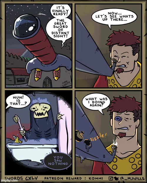 image tagged in swords,telescope,god,shower,showering,awkward | made w/ Imgflip meme maker