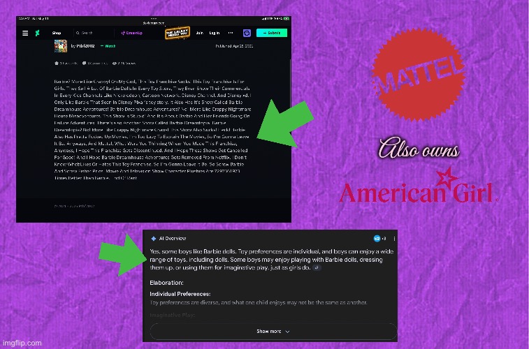 The truth is exposed (Mattel) | Also owns | image tagged in generic purple background,mattel,barbie,truth,girl,girls | made w/ Imgflip meme maker