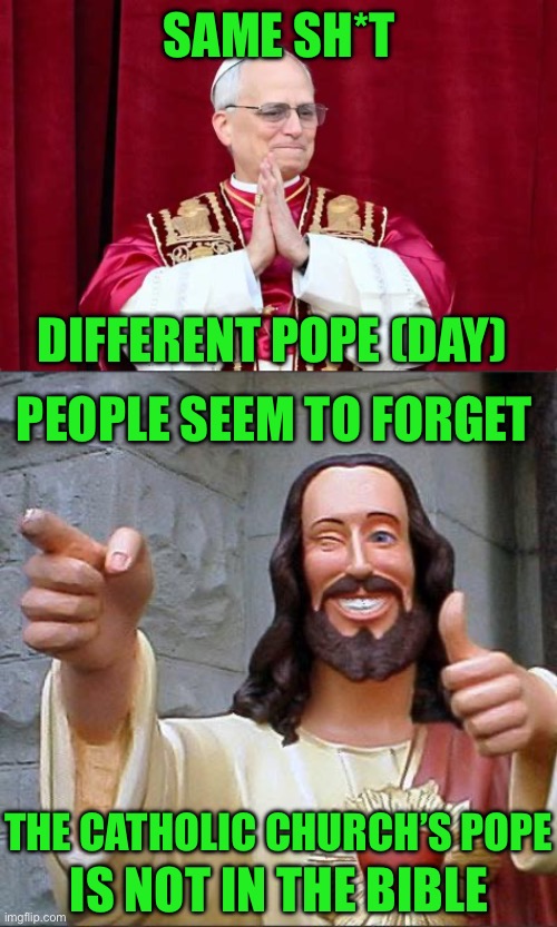 Does it seem like there is too much emphasis on the Pope? The Bible does not even mention a Pope. | SAME SH*T; DIFFERENT POPE (DAY); PEOPLE SEEM TO FORGET; THE CATHOLIC CHURCH’S POPE; IS NOT IN THE BIBLE | image tagged in buddy christ,pope,bible | made w/ Imgflip meme maker