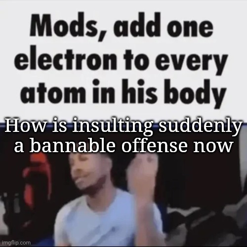 1 saying of motherfucker and I'm cooked | How is insulting suddenly a bannable offense now | image tagged in mods add one electron to every atom in his body,msmg,memes | made w/ Imgflip meme maker
