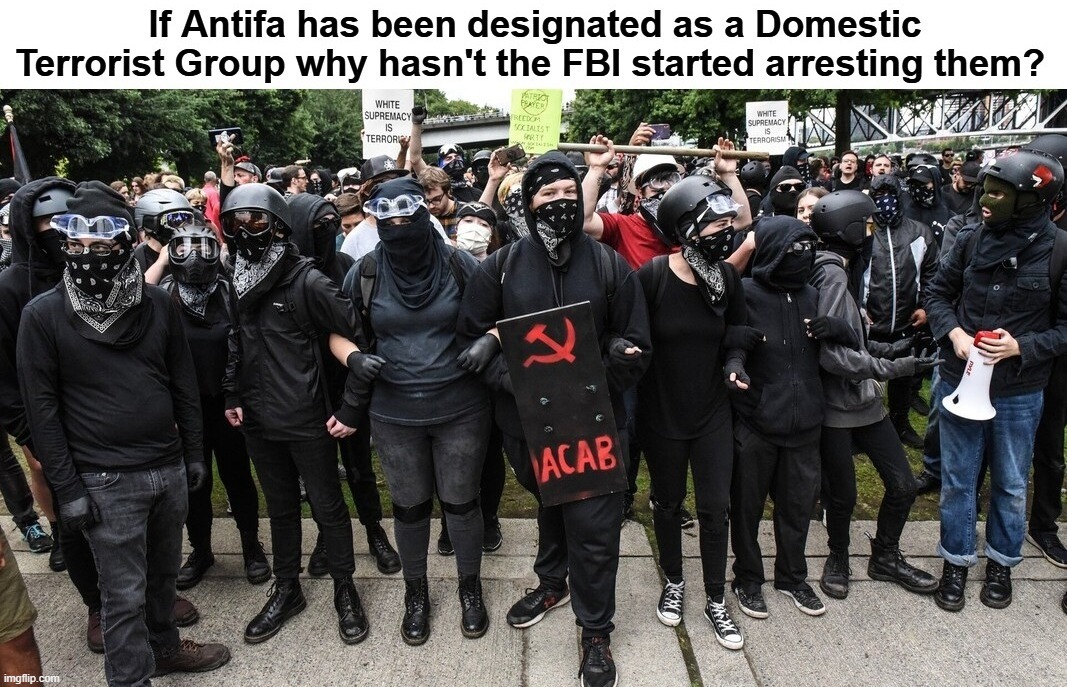 If Antifa has been designated as a Domestic Terrorist Group why hasn't the FBI started arresting them? | image tagged in antifa,domestic terrorists,domestic terrorism,communists,insurrectionists,crush the commies | made w/ Imgflip meme maker