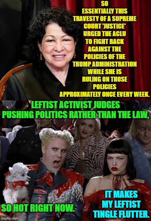 'The law before politics' is just words to the leftist judges. | SO ESSENTIALLY THIS TRAVESTY OF A SUPREME COURT 'JUSTICE' URGED THE ACLU TO FIGHT BACK AGAINST THE POLICIES OF THE TRUMP ADMINISTRATION WHILE SHE IS RULING ON THOSE POLICIES APPROXIMATELY ONCE EVERY WEEK. LEFTIST ACTIVIST JUDGES PUSHING POLITICS RATHER THAN THE LAW, IT MAKES MY LEFTIST TINGLE FLUTTER. SO HOT RIGHT NOW. | image tagged in mugatu so hot right now | made w/ Imgflip meme maker